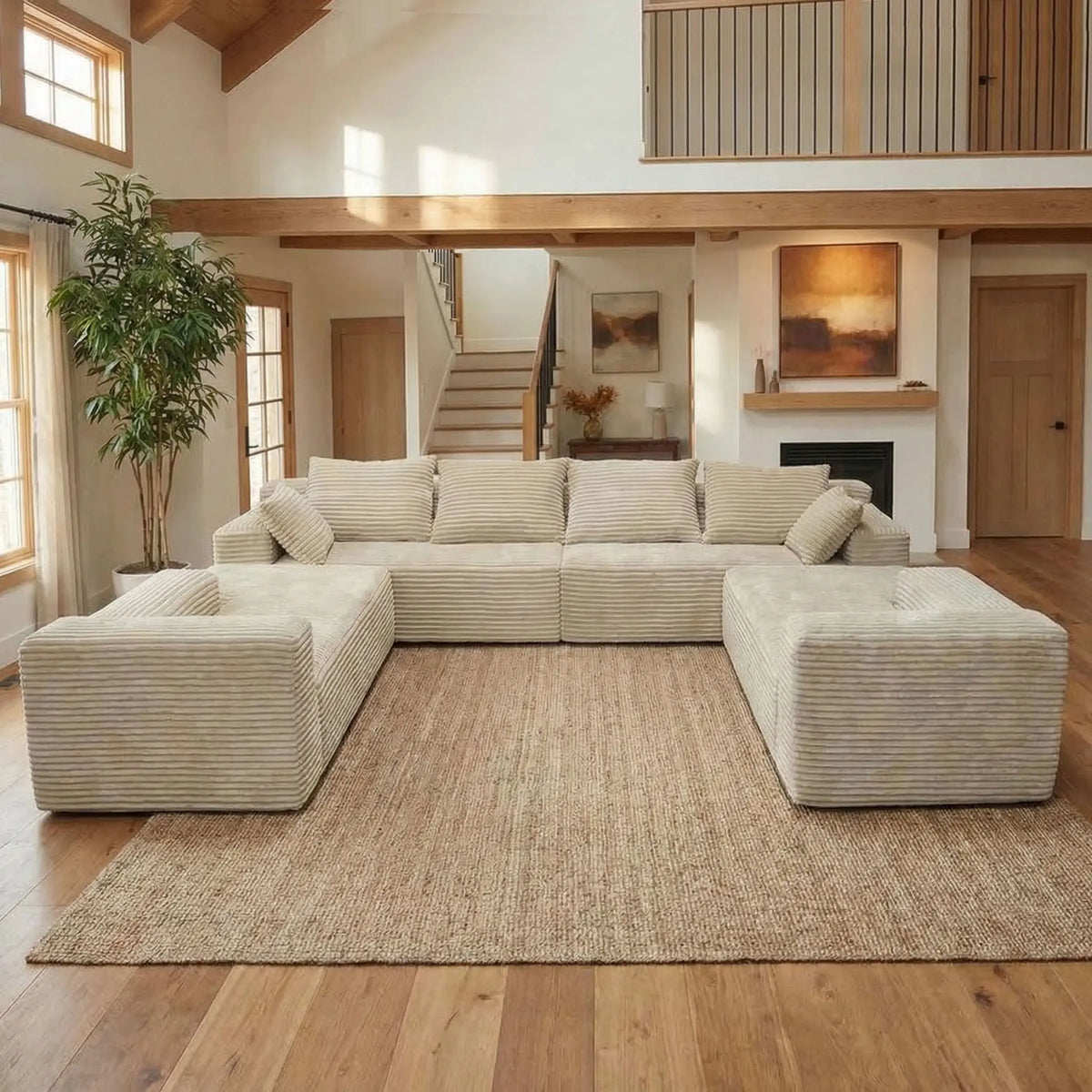 Modular Frameless U-Shaped Large Sofa Set for 6, Includes Big Pillows, Soft Skin-Friendly Corduroy Velvet Sofa with Fluffy Feel, Ideal for Family Gatherings, Assembly-Free Ready-To-Use, Modern Leisure Sofa for Home
