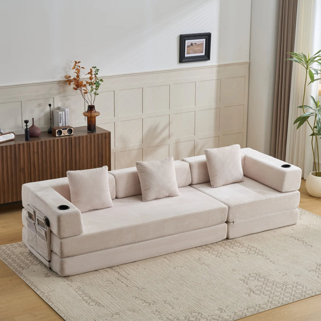Canapé-lit convertible pliable en velours côtelé, modulaire et combinable, avec porte-gobelet et poche de rangement latérale, mousse haute densité, montage sans outils, idéal pour chambre, appartement, dortoir, bureau,