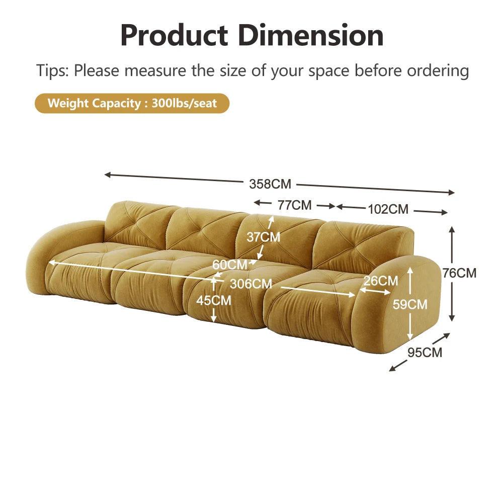 4-Seater U-Shaped Frameless Modular Combination Sofa Set Complete with 2 Matching Stools, Cozy Plush Comfort Fabric Sofa, Stable Non-Slip Base, Ready To Use Without Assembly, Stylish Leisure Couch for Family Living Room Indoo