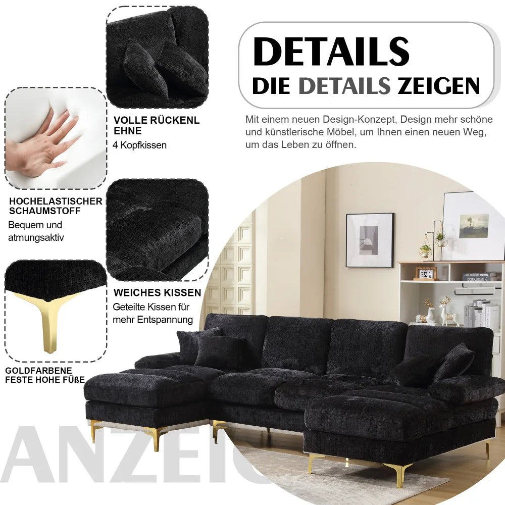 Canapé sectionnel moderne en chenille en forme de U, grand format, avec deux fauteuils inclinables, pour salon, chambre, bureau, appartement, villa, maison près du foyer (Ancien SKU : W1880S00025)
