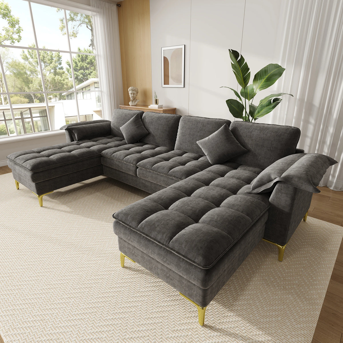 Canapé d'Angle en U 4-5 Places - velours Chenille & Grand Confort