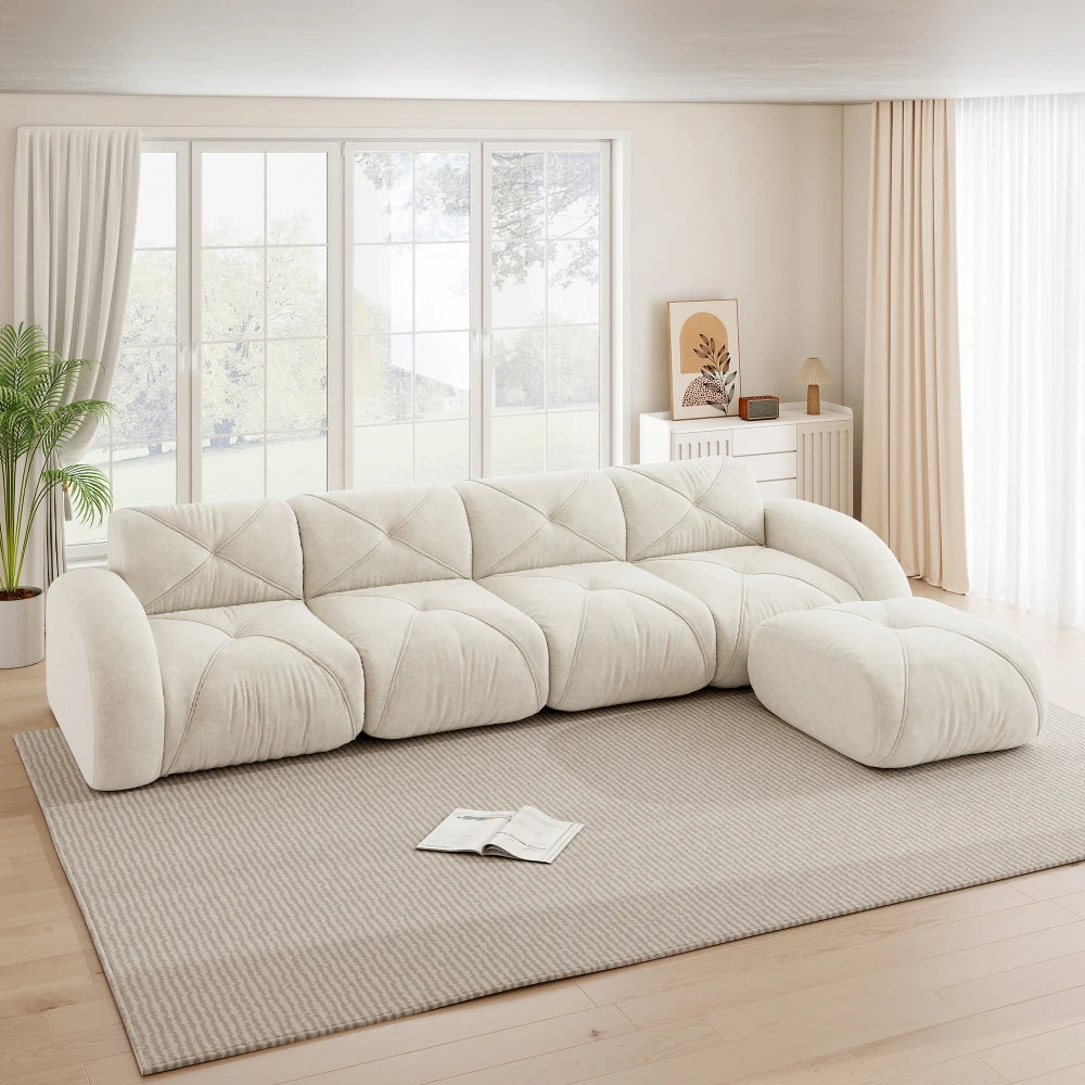 4-Seater U-Shaped Frameless Modular Combination Sofa Set Complete with 2 Matching Stools, Cozy Plush Comfort Fabric Sofa, Stable Non-Slip Base, Ready To Use Without Assembly, Stylish Leisure Couch for Family Living Room Indoo