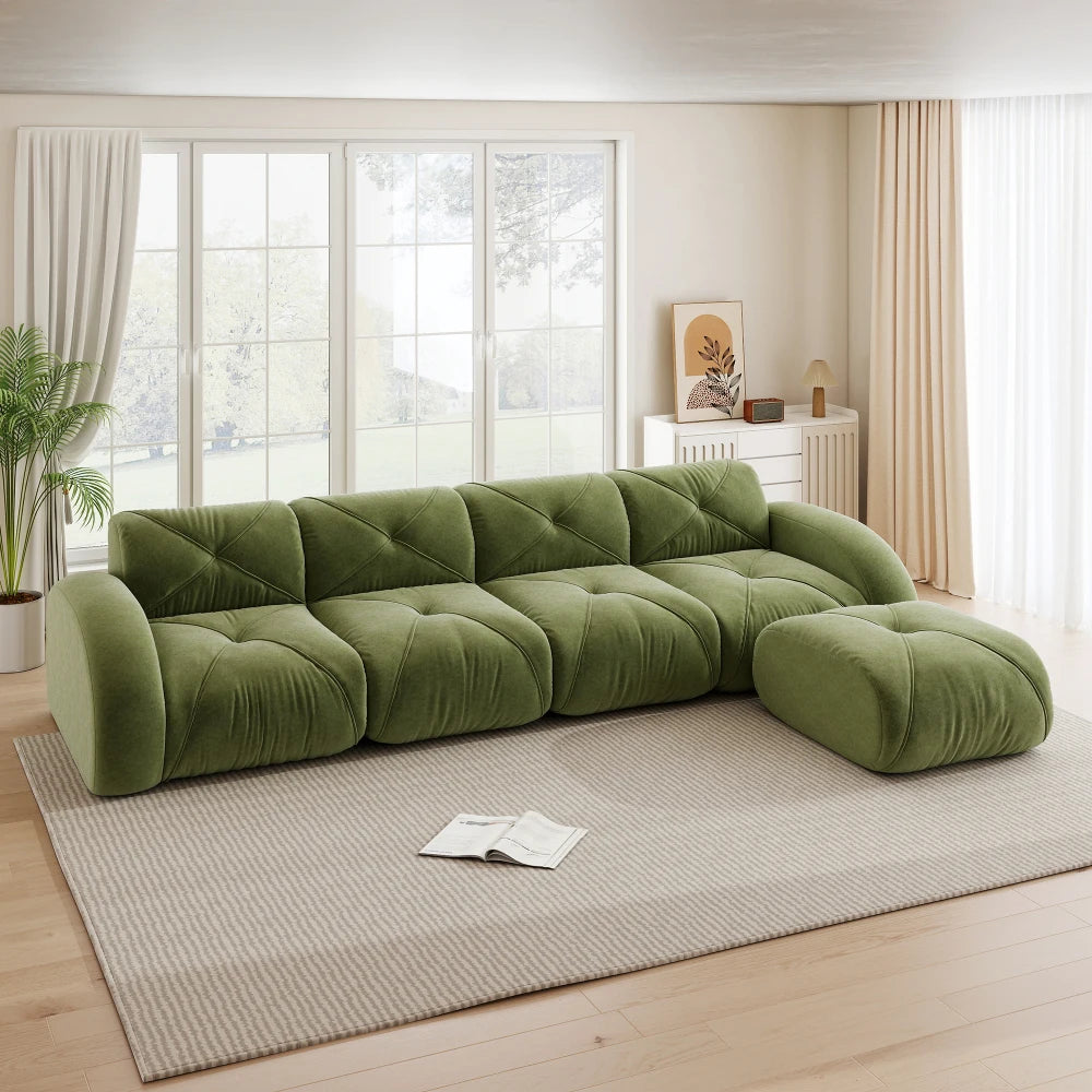 4-Seater U-Shaped Frameless Modular Combination Sofa Set Complete with 2 Matching Stools, Cozy Plush Comfort Fabric Sofa, Stable Non-Slip Base, Ready To Use Without Assembly, Stylish Leisure Couch for Family Living Room Indoo